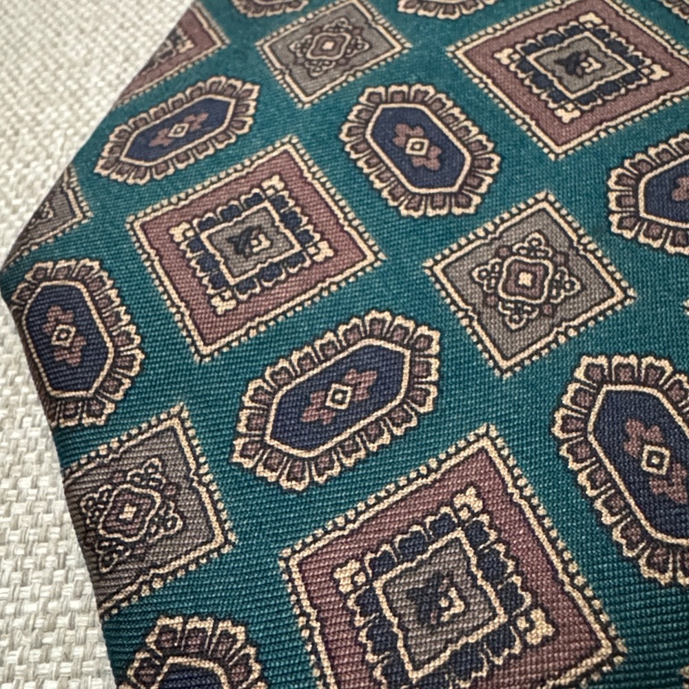 EUC Liberty of London Silk Tie-Teal/Brown Geo Print - Picture 4 of 8